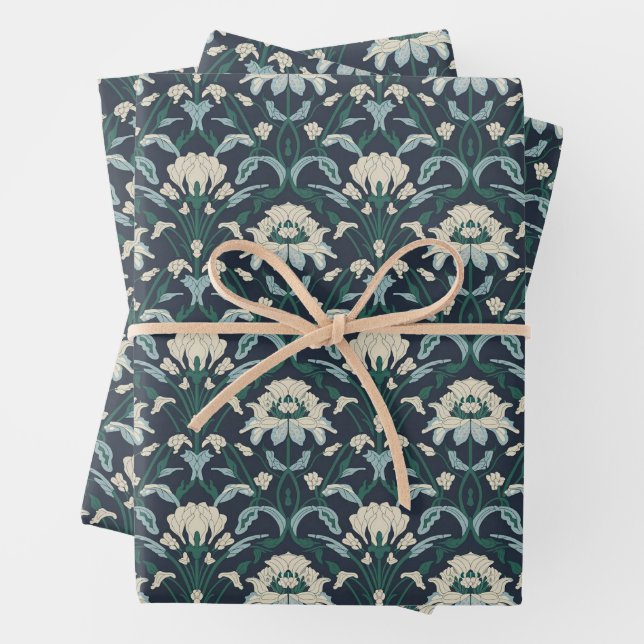 Art Nouveau Floral Blue Cream Green Wrapping Paper Sheets (In situ)