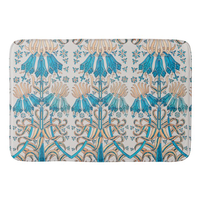 Art Nouveau Floral Botanical Blue Cream Pattern Bath Mat (Front)