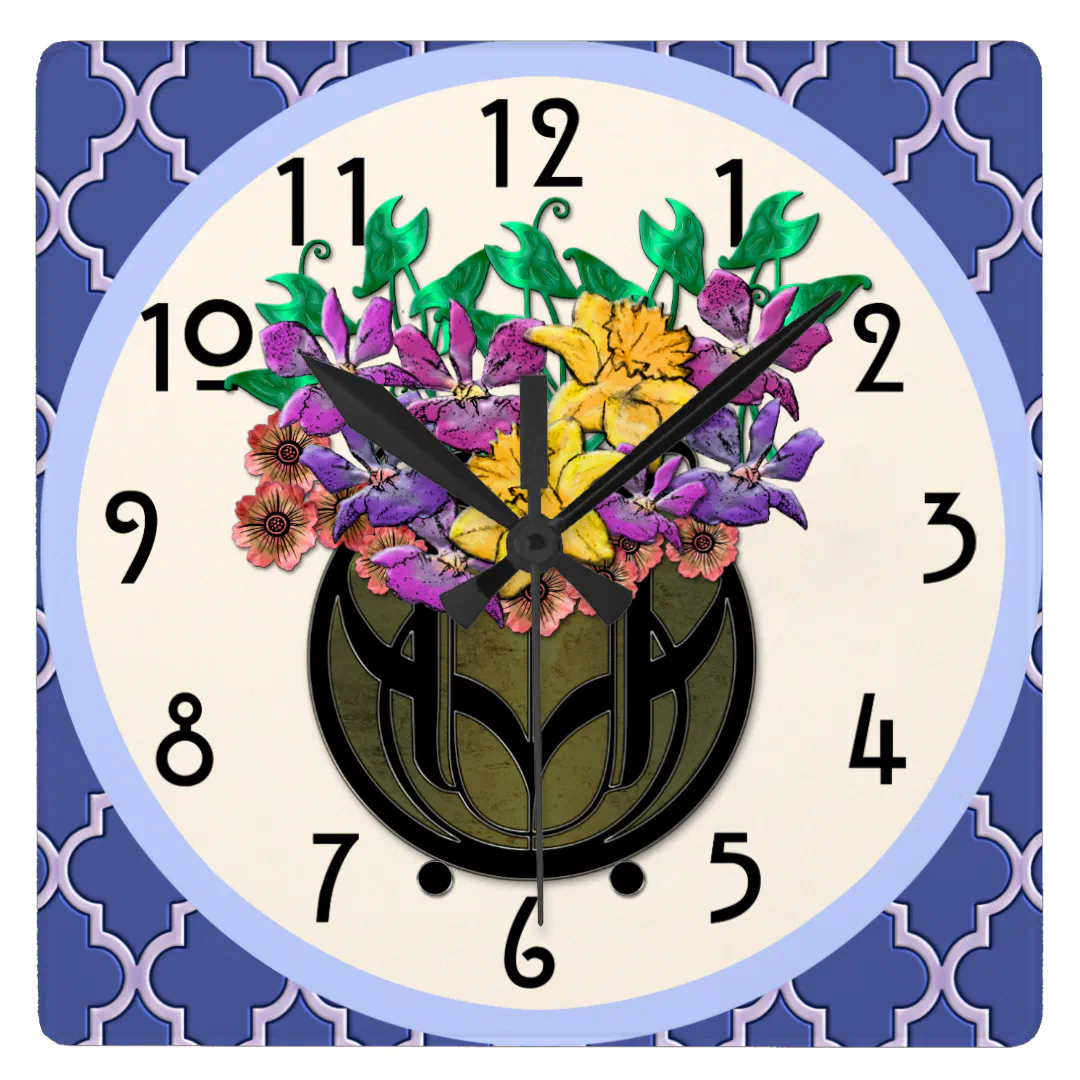 Art Nouveau Floral Bouquet and French Blue Tile Square Wall Clock