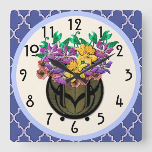 Art Nouveau Floral Bouquet and French Blue Tile Square Wall Clock