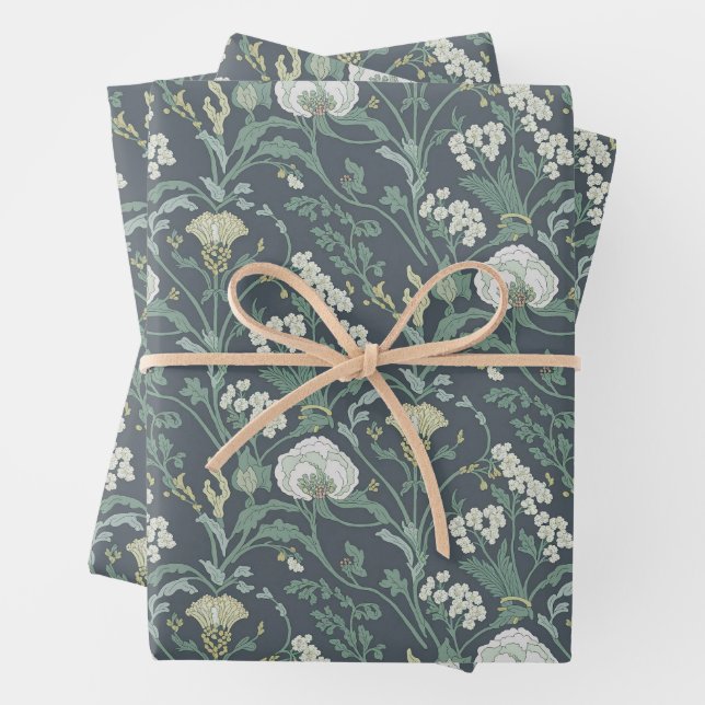 Art Nouveau Floral Cream Green Wrapping Paper Sheets (In situ)