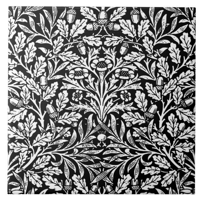 Art Nouveau Floral Damask, Black and White Ceramic Tile (Front)