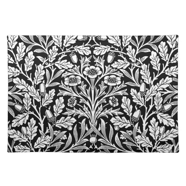 Art Nouveau Floral Damask, Black and White Cloth Placemat (Front)
