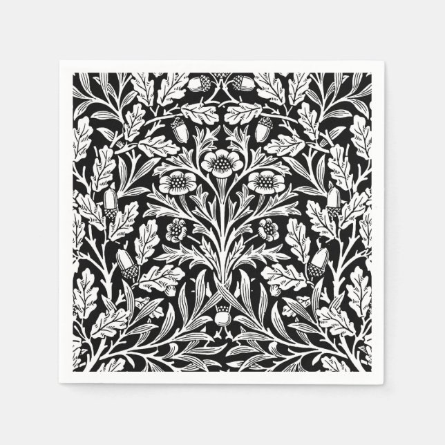 Art Nouveau Floral Damask, Black and White Napkins (Front)