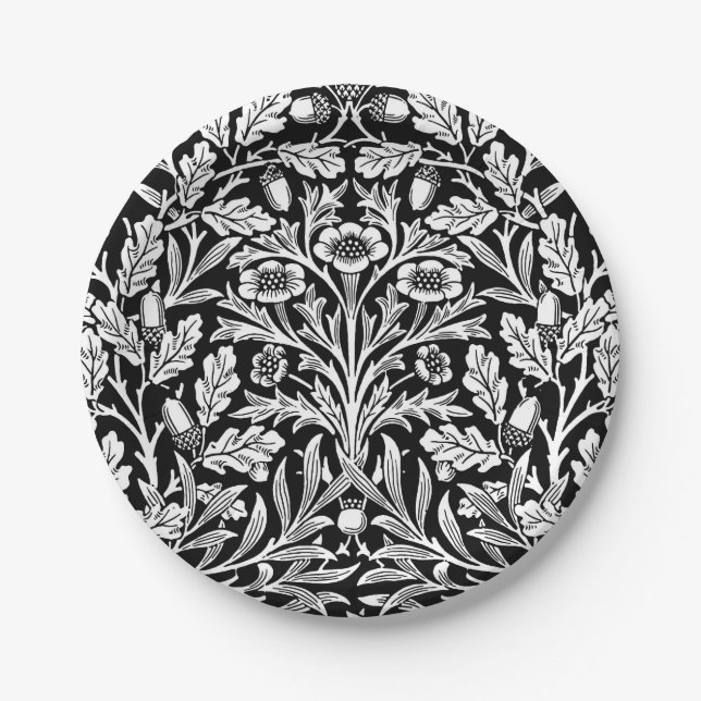 Art Nouveau Floral Damask, Black and White Paper Plates (Front)