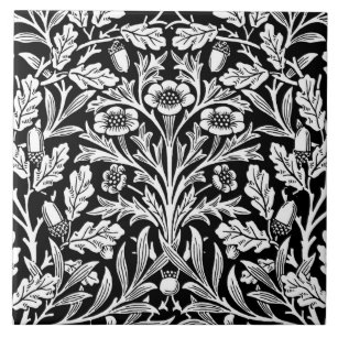 Art Nouveau Floral Damask, Black and White Tile