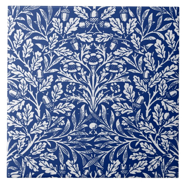 Art Nouveau Floral Damask, Cobalt Blue and White  Ceramic Tile (Front)