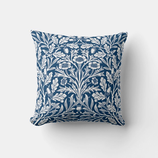 Art Nouveau Floral Damask, Cobalt Blue and White Throw Pillow (Front)