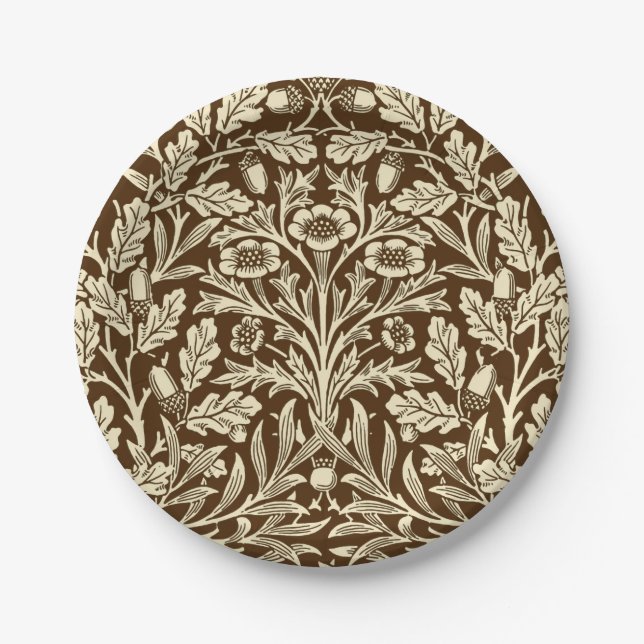 Art Nouveau Floral Damask, Dark Brown and Beige Paper Plates (Front)