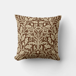 Art Nouveau Floral Damask, Dark Brown and Beige Throw Pillow