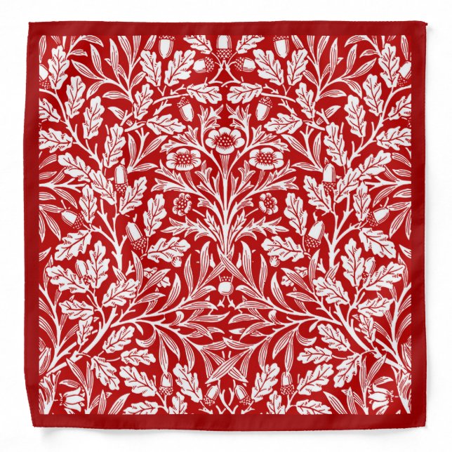 Art Nouveau Floral Damask, Dark Red and White Bandana (Front)