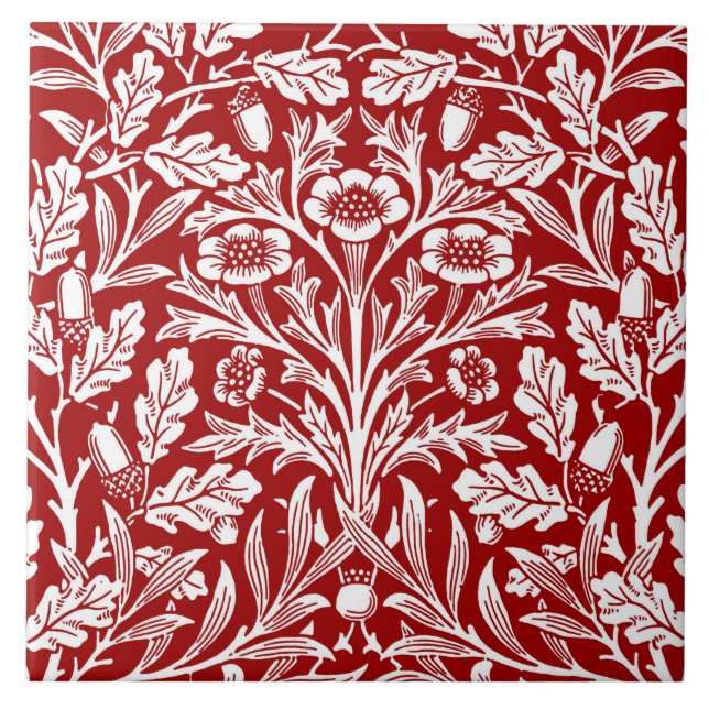 Art Nouveau Floral Damask, Dark Red and White Ceramic Tile (Front)