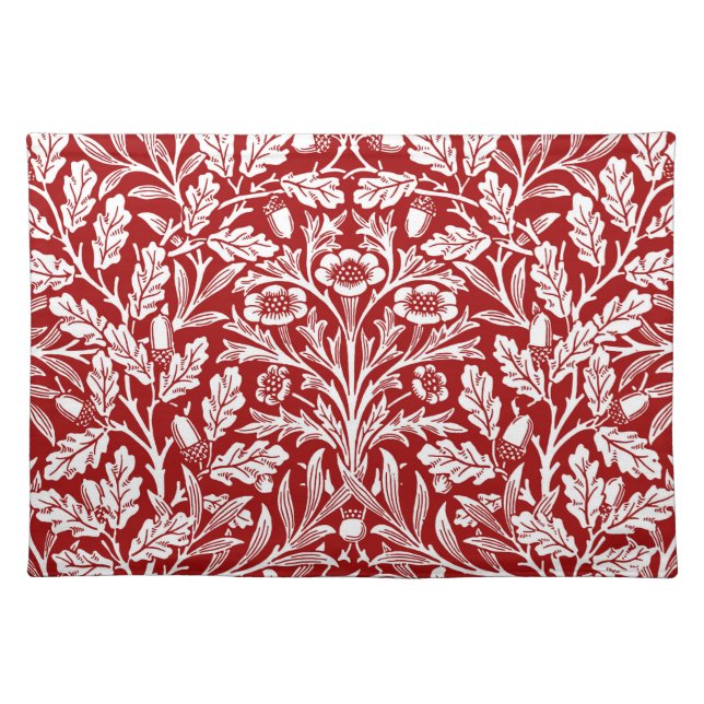 Art Nouveau Floral Damask, Dark Red and White Cloth Placemat (Front)