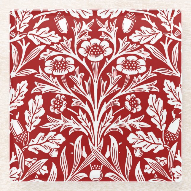 Art Nouveau Floral Damask, Dark Red and White Glass Coaster (Front)