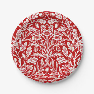 Art Nouveau Floral Damask, Dark Red and White Paper Plates