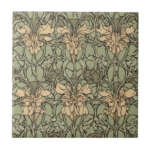 Art Nouveau Floral Damask Green, Beige Abstract  Ceramic Tile
