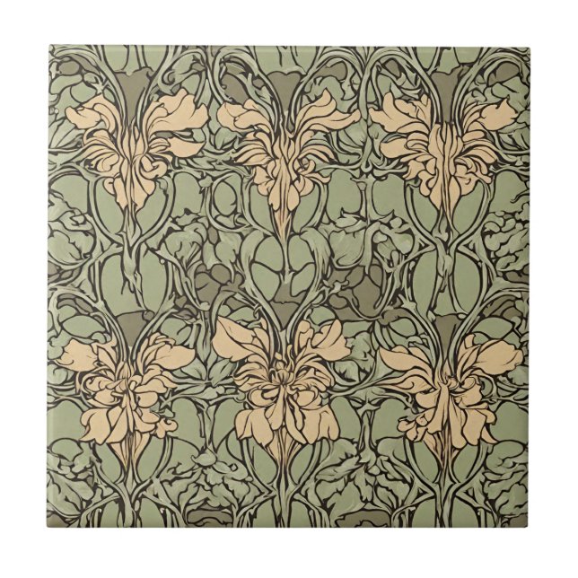  Art Nouveau Floral Damask Green, Beige Abstract  Ceramic Tile (Front)