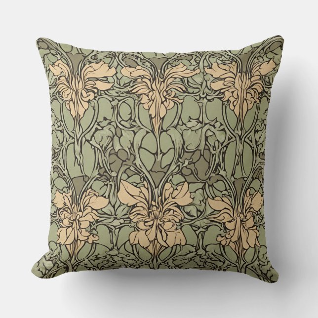  Art Nouveau Floral Damask Green, Beige Abstract  Throw Pillow (Front)