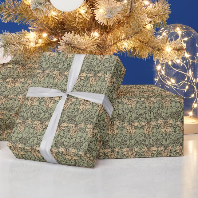  Art Nouveau Floral Damask Green, Beige Abstract  Wrapping Paper (Holidays)