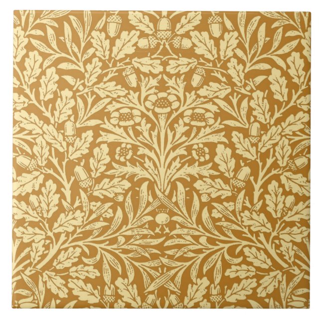 Art Nouveau Floral Damask, Mustard Yellow and Gold Ceramic Tile (Front)