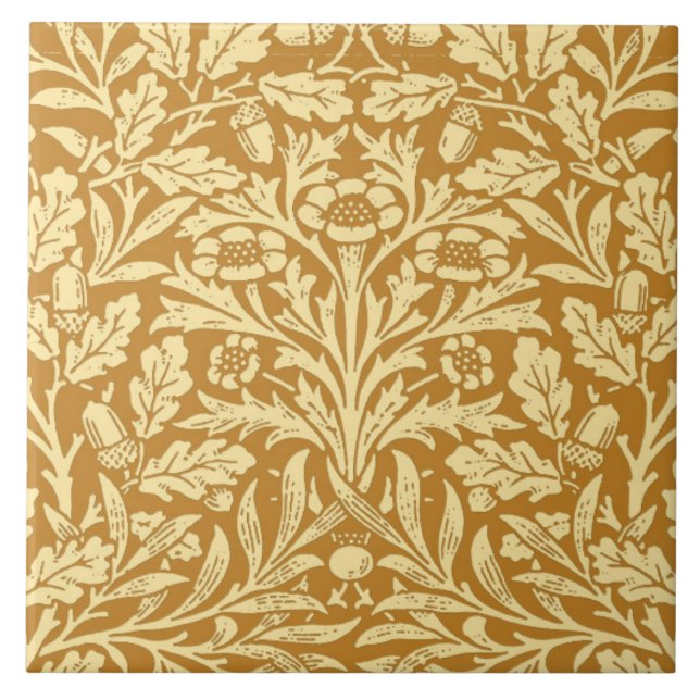 Art Nouveau Floral Damask, Mustard Yellow Ceramic Tile (Front)