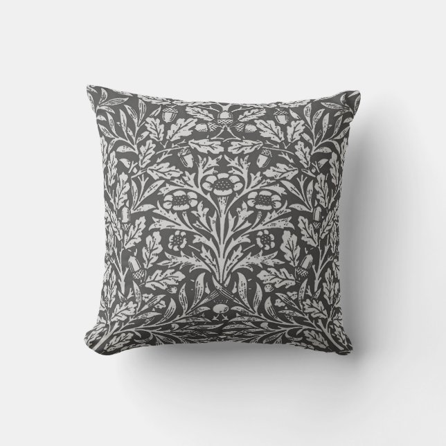 Art Nouveau Floral Damask, Silver Gray / Grey Throw Pillow (Front)