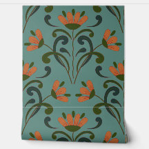  Art Nouveau Floral Design on Teal Green Wallpaper