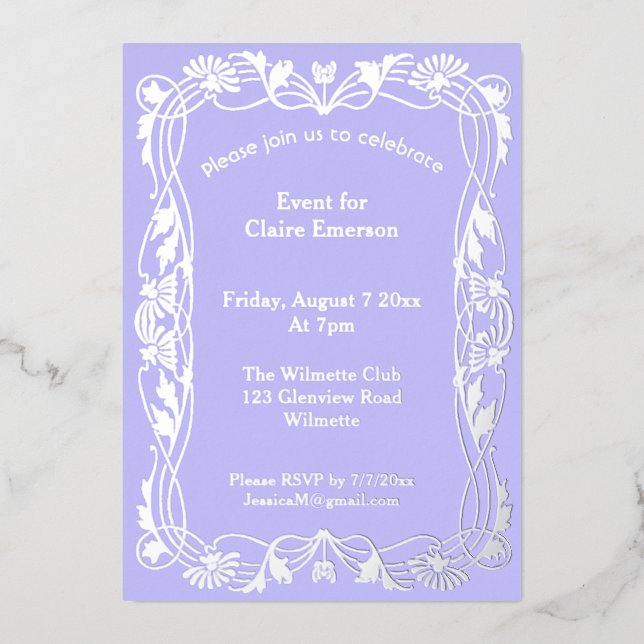 Art nouveau floral frame foil invitation (Front)