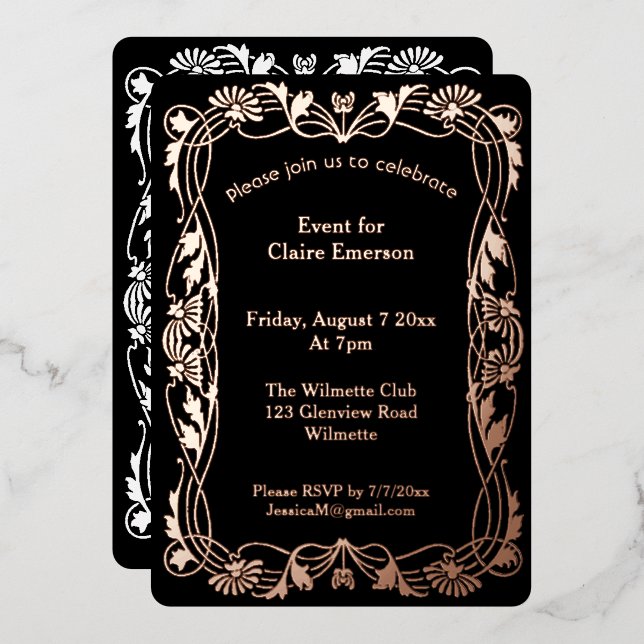 Art nouveau floral frame foil invitation (Front/Back)