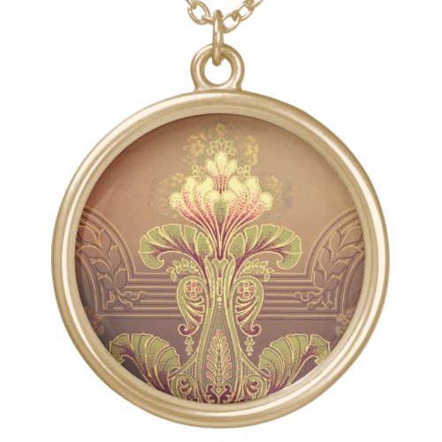 Art nouveau floral frieze elegant pink green brown gold plated necklace