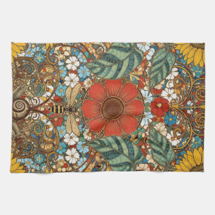 Art Nouveau Floral Garden – Sunflowers, Bee Kitchen Towel