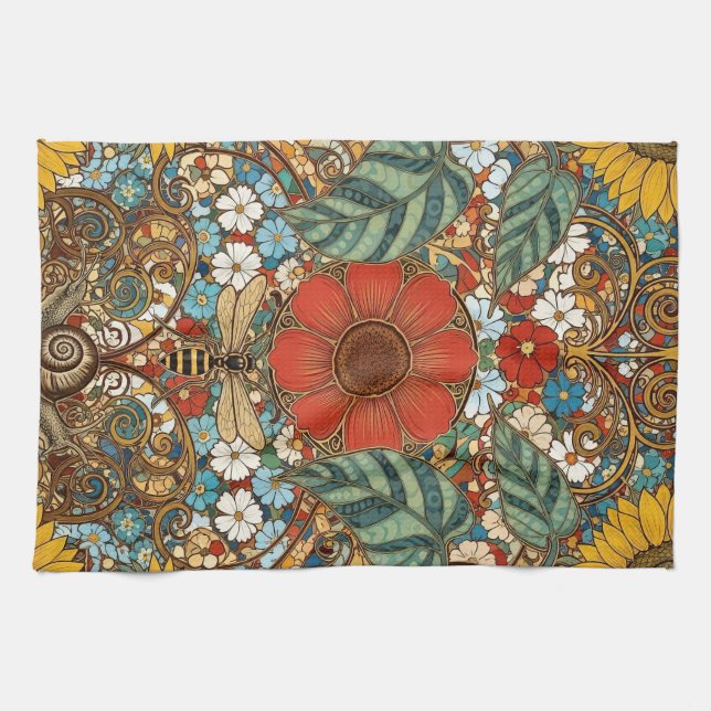 Art Nouveau Floral Garden – Sunflowers, Bee Kitchen Towel (Horizontal)