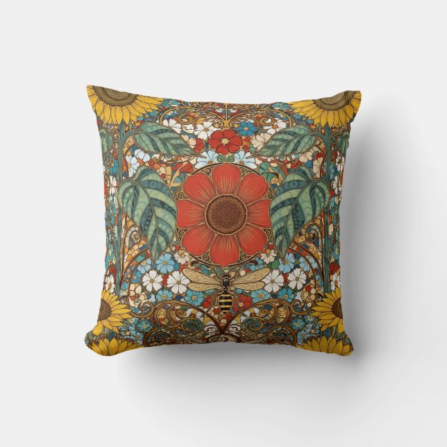 Art Nouveau Floral Garden – Sunflowers, Bee Throw Pillow (Front)
