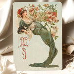 Art Nouveau Floral Goddess Menu Card<br><div class="desc">This stunning Art Nouveau wedding menu card captures timeless elegance with a floral goddess illustration, inspired by vintage art. The front showcases a serene goddess adorned with vibrant flowers, set against a backdrop of sage green and ivory, with accents of coral, ruby red, and forest green. The intricate design features...</div>