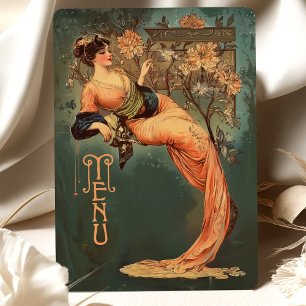 Art Nouveau Floral Goddess Menu Card Teal Peach