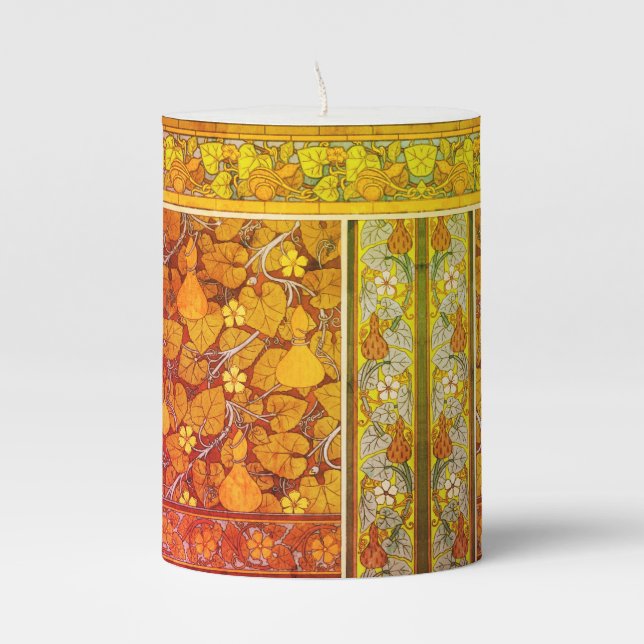 Art nouveau floral gourd elegant fall orange green pillar candle (Front)