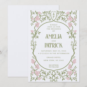 Art Nouveau Floral Green and Pink Wedding  Invitation