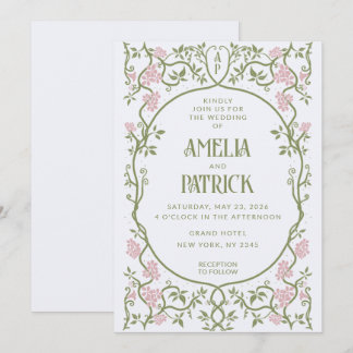 Art Nouveau Floral Green and Pink Wedding  Invitation