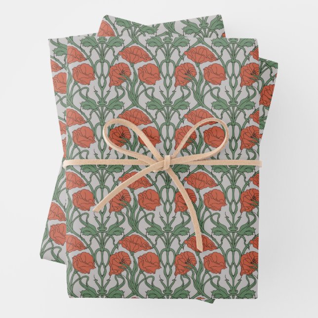 Art Nouveau Floral Green Red Poppy Wrapping Paper Sheets (In situ)
