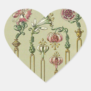 Art nouveau floral hairpin Victorian jewel seder Heart Sticker