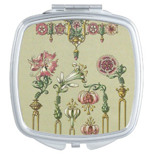 Art nouveau floral hairpins Victorian gemstones Compact Mirror