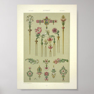 Art nouveau floral hairpins Victorian gemstones Poster