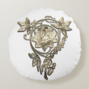Art nouveau floral jewel Victorian gold white Round Pillow
