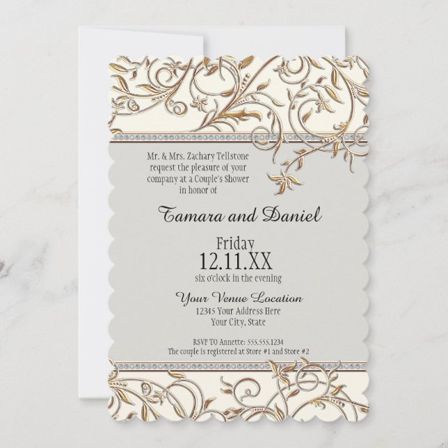 Art Nouveau Floral Leaf Swirl Jewel w Gold Look Invitation (Front)