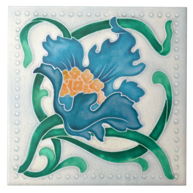 Art Nouveau Floral Majolica Faux Relief Ceramic Tile (Front)