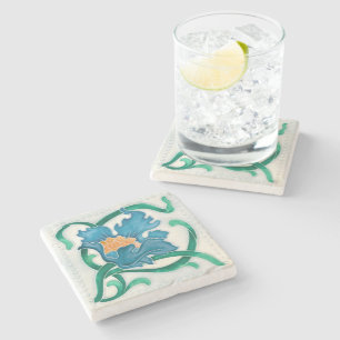 Art Nouveau Floral Majolica Faux Relief Stone Coaster