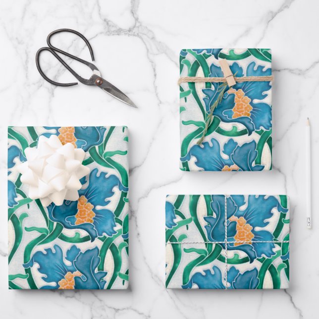 Art Nouveau Floral Majolica Pattern Wrapping Paper Sheets (Front)