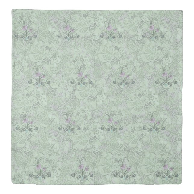 Art Nouveau Floral Pale Sage Dusty Lilac Queen Duvet Cover (Front)