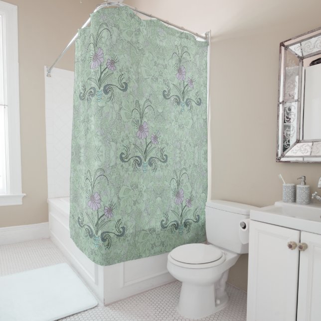 Art Nouveau Floral Pale Sage Dusty Lilac Shower Curtain (In Situ)