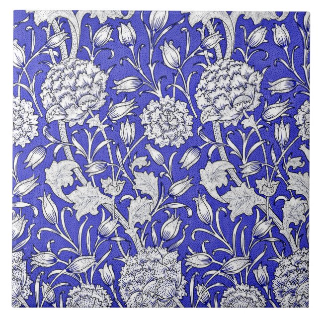 Art Nouveau Floral Pattern, Indigo and White, Ceramic Tile (Front)
